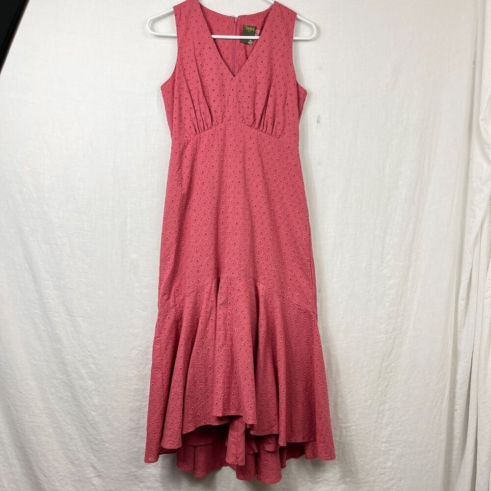 Taylor Eyelet Tiered Sleeveless High Low Midi Dress Sz 2 Cottage Prairie Ruffle